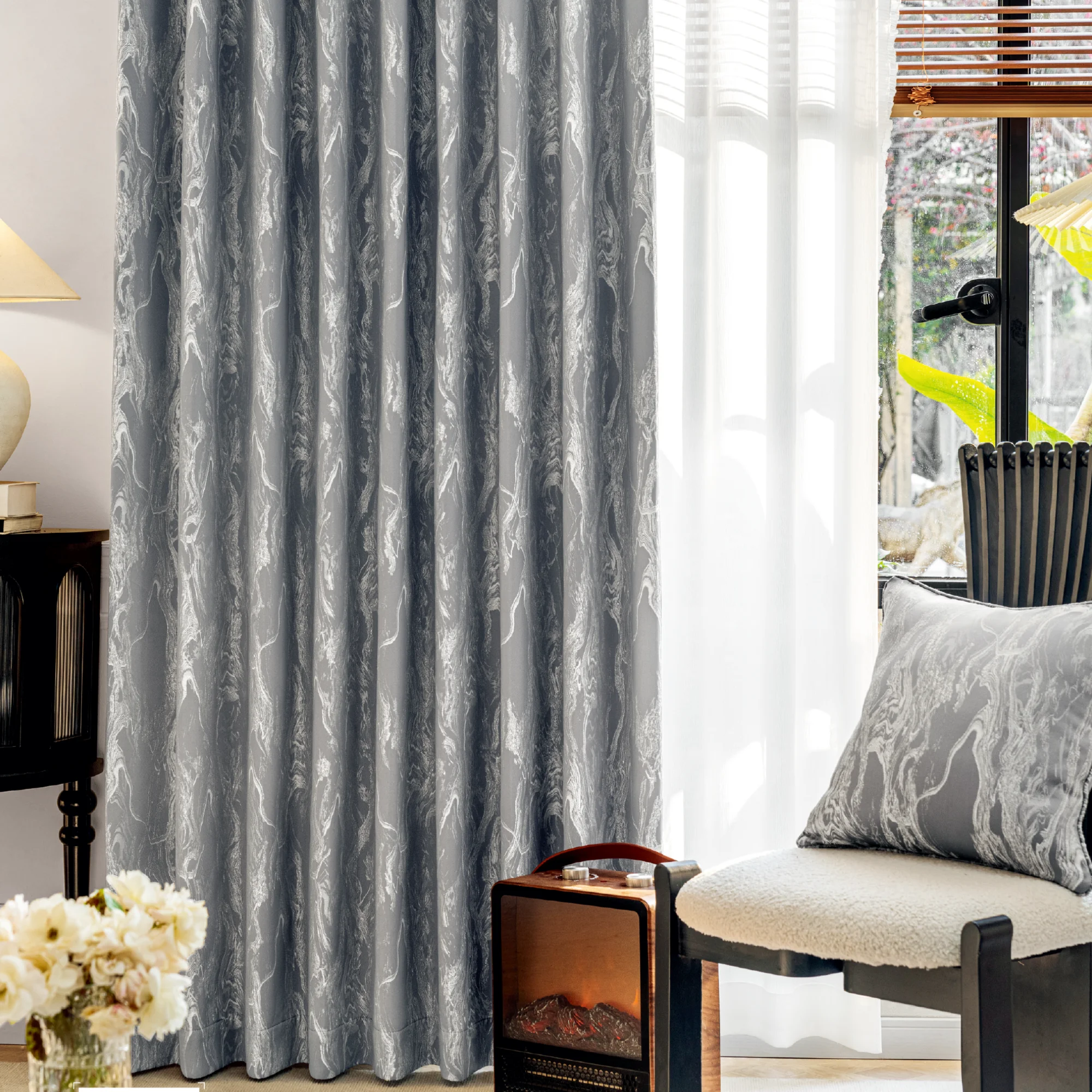 Stone vein curtain in grey with elegant jacquard texture, styled in a cozy modern living room