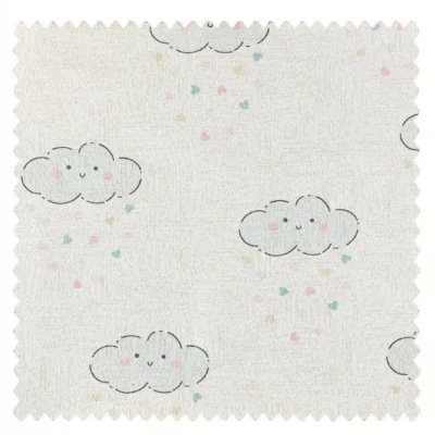 Fabric sample of smiling cloud curtain with pastel raindrops for kids room