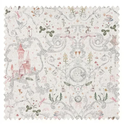 Fabric sample of fairy tale garden curtain with storybook castle and floral print for children’s rooms