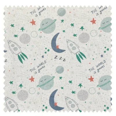 Fabric swatch with moon, stars, and leaf motifs in teal, grey, and orange on a light beige background