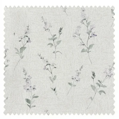 Light beige fabric swatch with delicate green and purple floral branches
