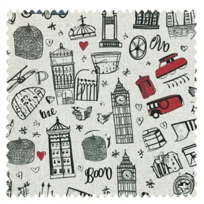 London-themed fabric swatch with landmarks, red double-decker bus, and black sketches