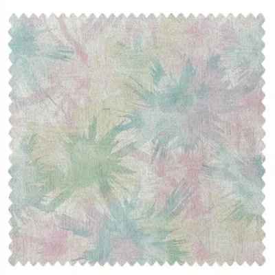 Pastel leaf print fabric swatch with soft pink, green, and blue tones