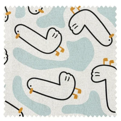 Cartoon duck print fabric swatch – playful pattern in blue and white