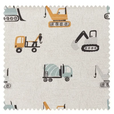 Construction vehicle print fabric swatch with trucks, cranes, and machinery on beige background
