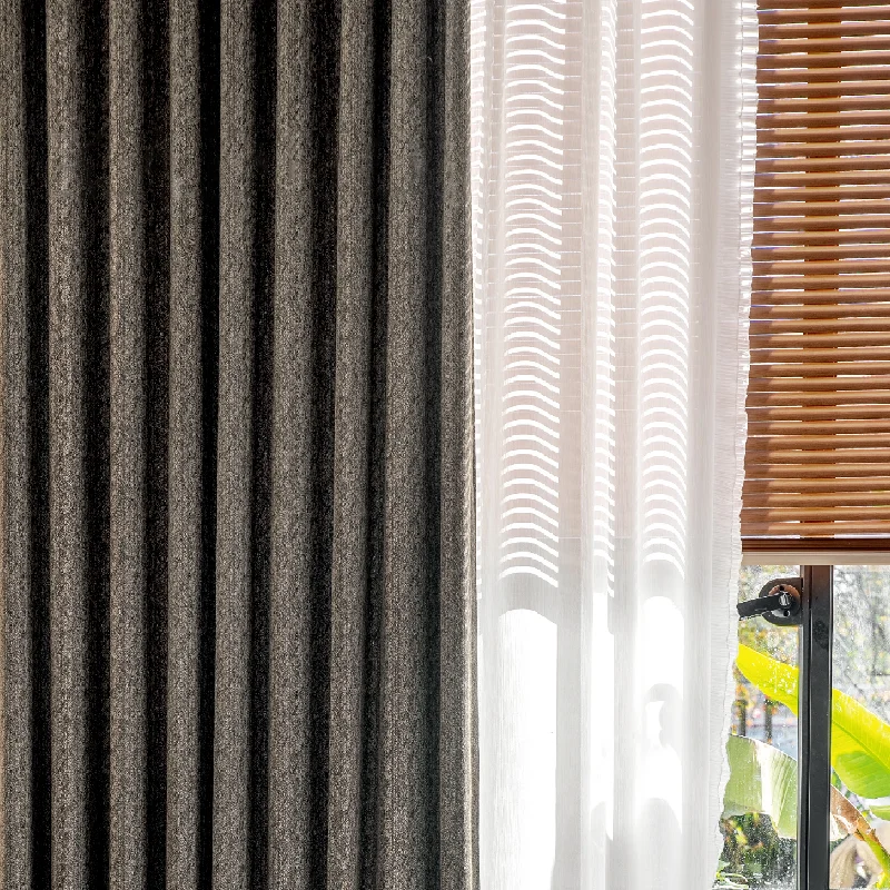 Charcoal brown curtain with subtle texture in minimalist living room – part of Ivory Breeze Collection