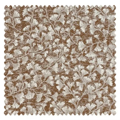 Textured curtain fabric swatch in brown and beige, with floral and woven canvas pattern.