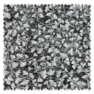 Dark grey and black floral-patterned curtain fabric with textured weave.