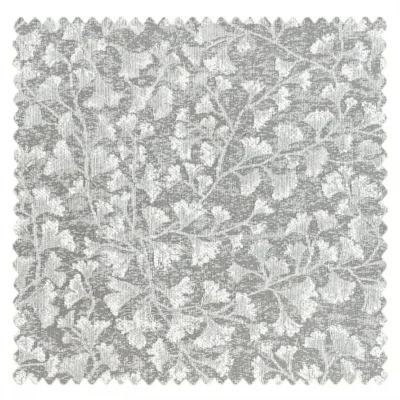 Light silver-grey curtain fabric swatch with subtle floral texture and canvas weave.