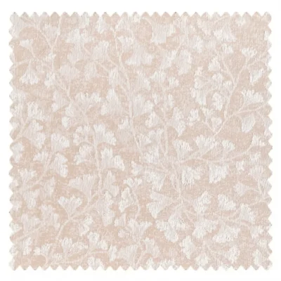 Soft blush pink curtain fabric swatch with floral jacquard texture.