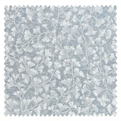 Soft blue-grey curtain fabric swatch with floral jacquard weave.