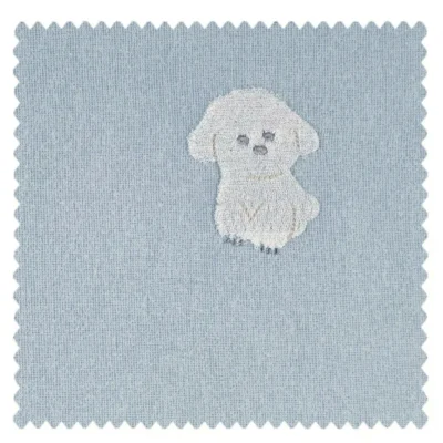 Fabric swatch for Friendly Pup Jacquard Curtain – light blue base with embroidered dog pattern