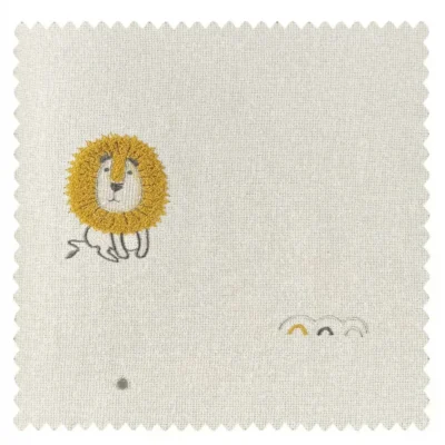 Forest King Curtain fabric swatch – beige jacquard with embroidered lion motif for kids’ rooms