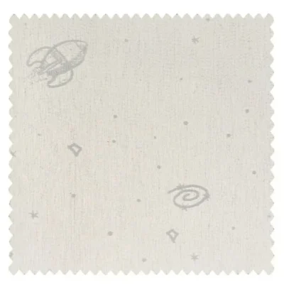 Rover Curtain fabric swatch – beige jacquard with embroidered rocket and galaxy patterns