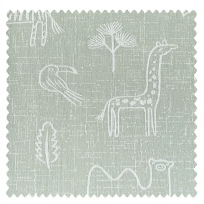 Green animal jacquard fabric swatch with giraffe, bird, and bear motifs – Forest Dream curtain design