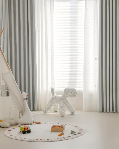 Blush Sweet Curtain in kids' room with soft pastel stripes and jacquard texture