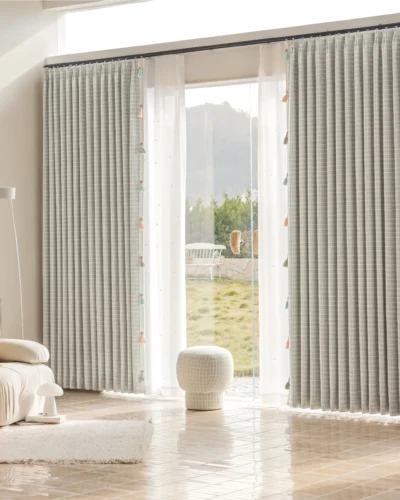 Whisper Glow Curtain in full window setting, featuring classic plaid jacquard design and soft light filtering effect