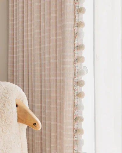 Gridline Whisper Curtain with pompom edge and sheer layer – modern soft detail for calm interiors
