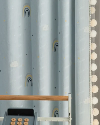 Sky Rainbow Curtain in blue with jacquard rainbow and sun pattern