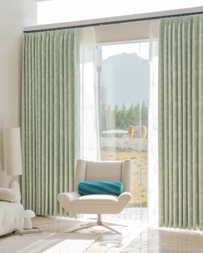 Forest Dream Curtain in green animal jacquard fabric – full room view with soft light and modern kids room decor