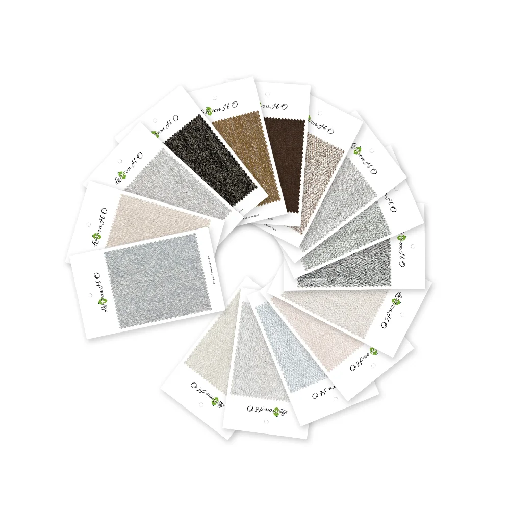 Curtain swatches fan – assorted neutral fabric samples arranged in a circle