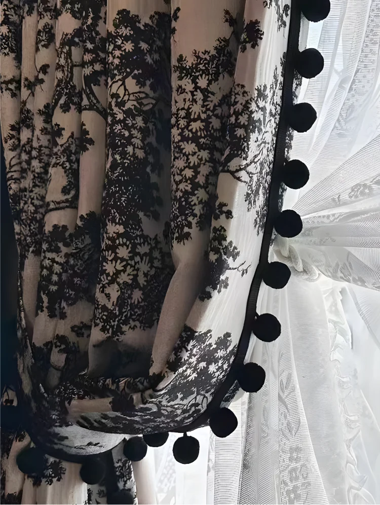 Black soft pom pom trim on sheer lace curtain – Soft Pom Pom Trim for elegant decor