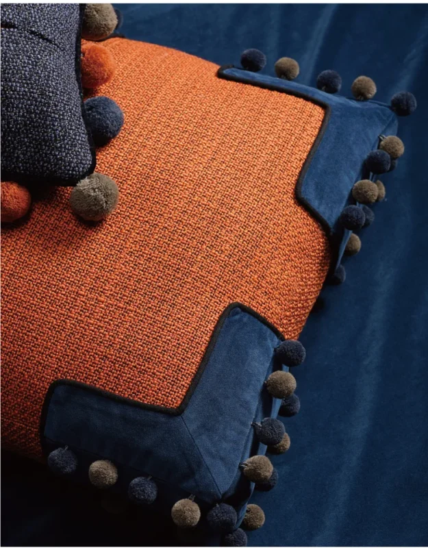 Blue and Orange Cushion with Pom Fringe – Velvet Pom Pom Trim Detail