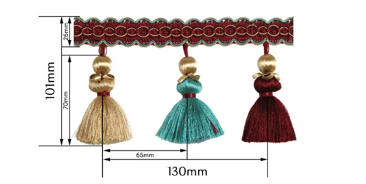 Medici Tassel Curtain Trim size chart showing tassel spacing and band height