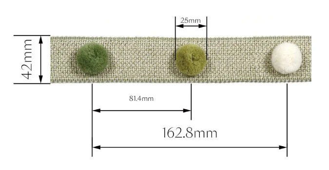 Eden Pom Fringe Size Chart Showing Pom Spacing, Tape Width, and Overall Dimensions