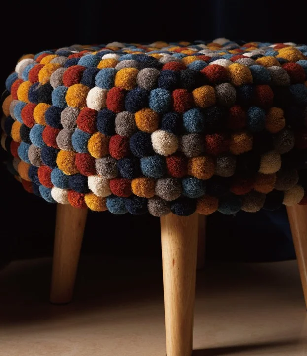 Colorful Pom Pom Upholstered Ottoman – Soft Decorative Furniture with Pom Fringe