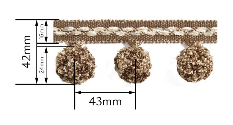 Woven pom pom trim size chart showing length and spacing