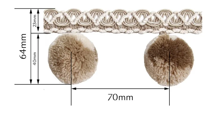Eden Pom Tassel Trim size detail – 70mm width braided fringe with plush pom
