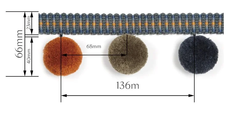 Cloud Dream Pom Pom Fringe – Trim Size Diagram with Pom Spacing and Length