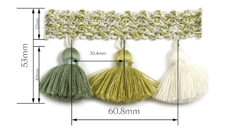 Assorted green curtain tieback tassels with measurement chart – style 0134