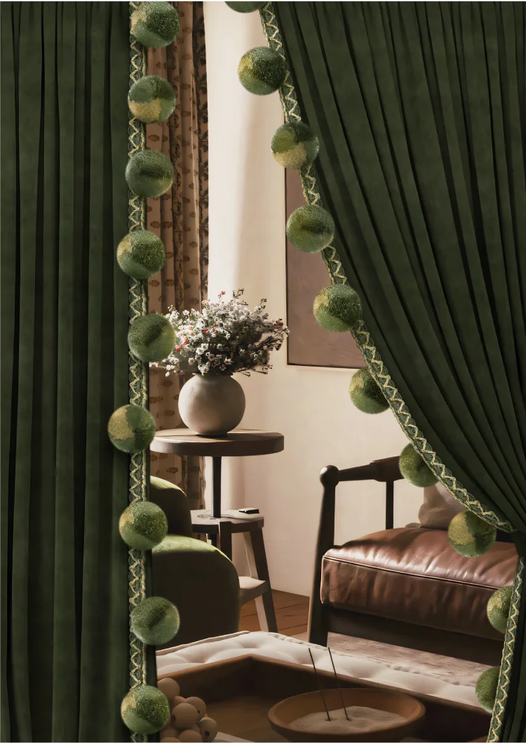 Eden Pom Tassel Trim on green curtain with playful fringe