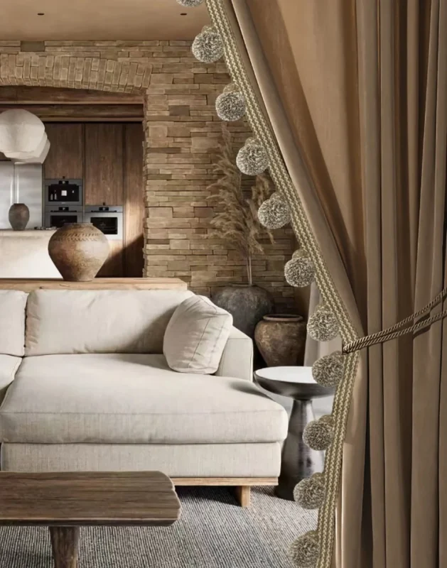 Vine cotton-linen curtain with pom pom trim in rustic bedroom setting