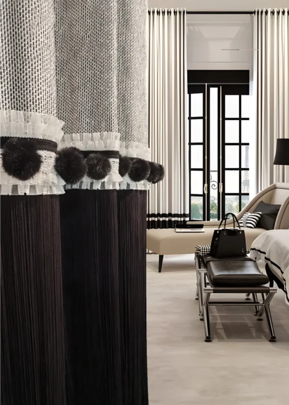 velvet pom pom trim on sheer curtains in contemporary living room