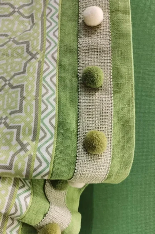 Green Eden Pom Fringe Trim Applied on Curtain Edge with Geometric Tapes and Pom Poms