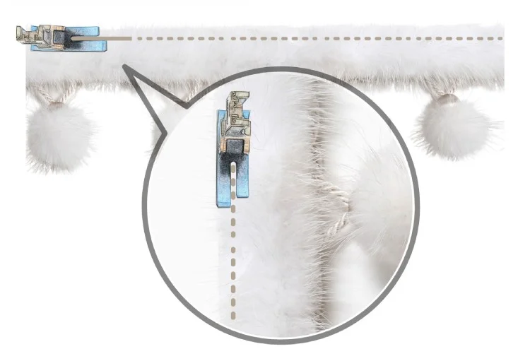 White Mink Whisper Trim size detail image with measurement zoom on band and pom pom length