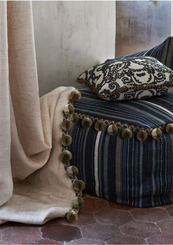 Eden Pom Tassel Trim on curtain hem with plush pom fringe detail