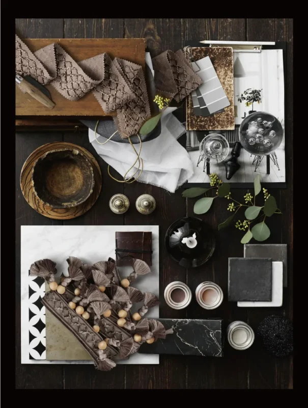 Dark Wood Texture Background with Decor Items and Natural Accents