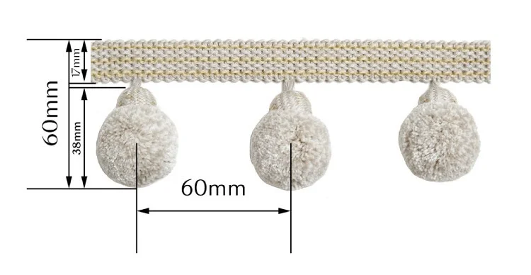 Close-up of cotton-linen pom pom trim with 60mm size detail