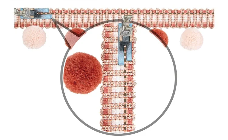 Red pom pom fringe trim with measurement detail for curtain edge decoration