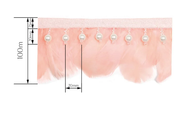Size diagram of blush pink feather curtain trim with hanging loop spacing