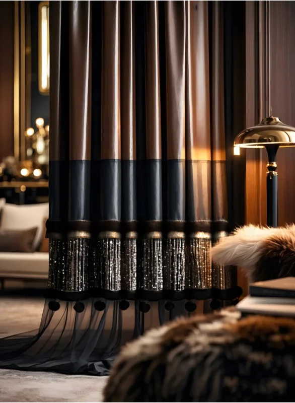 Black Mink Whisper Trim on dark satin curtains in a luxurious bedroom setting