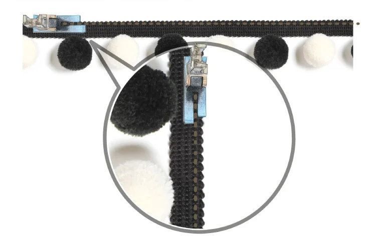 Close-up view of soft pom pom trim structure showing woven band and stitching detail