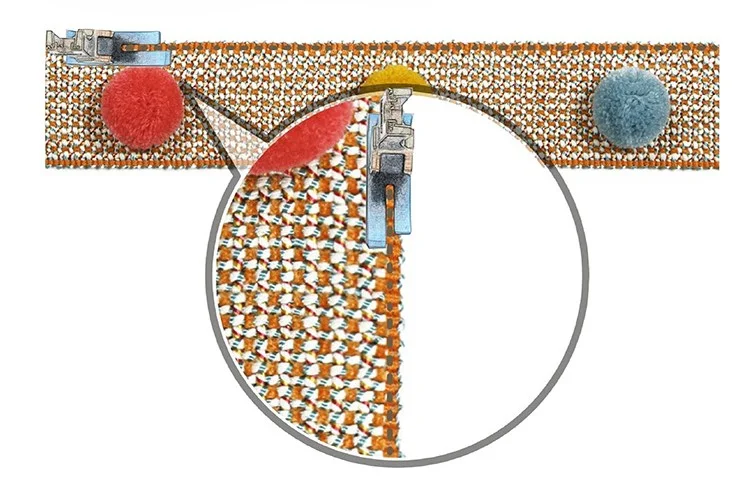 Close-up view showing stitching details of pom pom fringe trim, highlighting thread structure and fabric layering