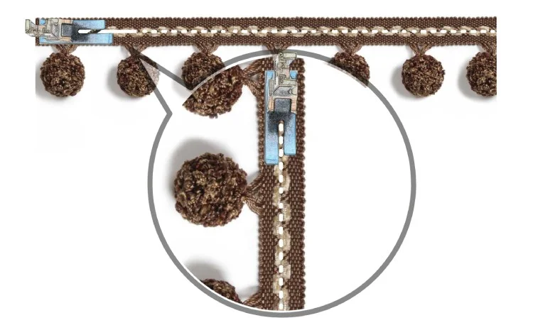 Woven pom pom trim with size dimensions — 42mm height, 43mm spacing