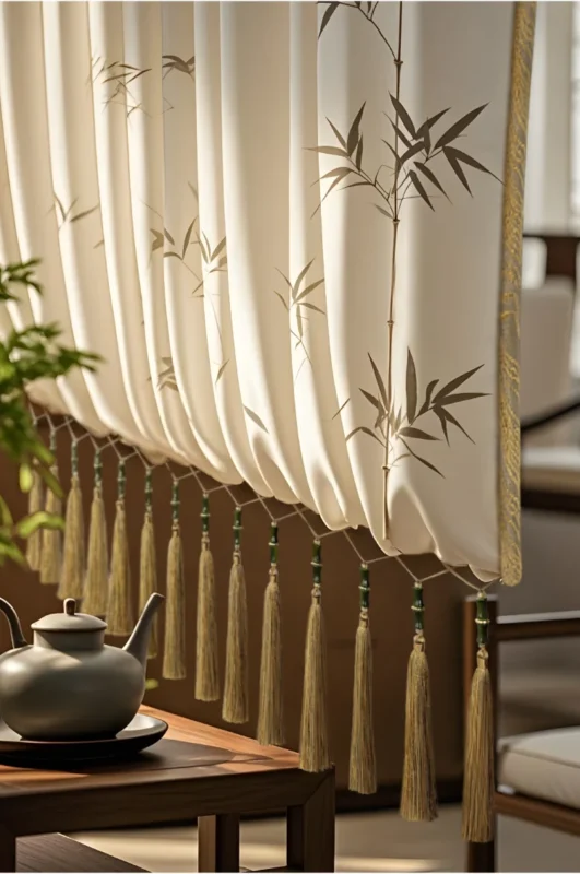 Zen curtain fringe detail with bamboo tassels hanging on sheer curtains in a serene Asian-style room