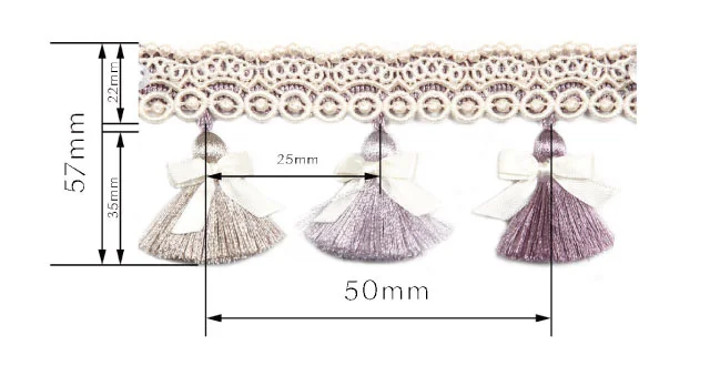 Elysee tassel fringe trim measurement – 50mm spacing, 70mm tassel length